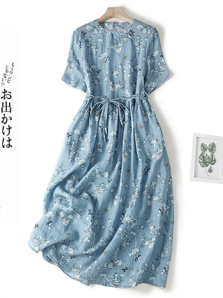 Thin Soft Cotton Print Floral Loose Cozy Vintage Summer Dress Belt Slim Office Lady Work Dress Women Casual Midi Dress 240810