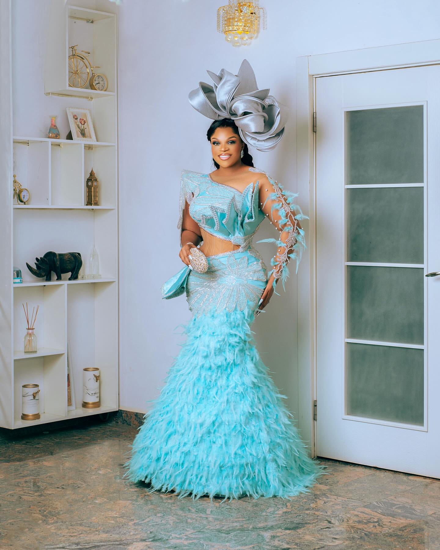 2024 Plus Size Light Sky Blue Mermaid Prom Dress Lacefull Promdress Feathers Crystals Evening Formal Party Second Reception Birthday Engagement Gowns 