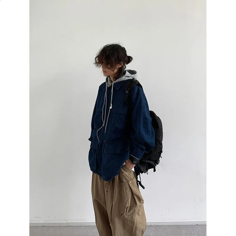 Hooded Denim Jacket Men Women Vintage Detachable Cap Cargo Coat Japanese Oversize Loose Casual Top Spring Couple Unisex Overcoat 240810