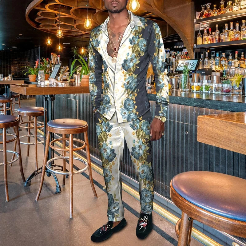 Long Sleeve Shirt Set Mens Floral Leaf Style Pattern 3D Printed Button-up Shirt And Pantsset Oversize Stylish Casual Party Wear 240810