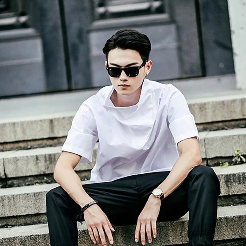 Summer High Neck Short Sleeve Men Sweatshirt Korean Fashion Casual Personality Harajuku T Shirt 3xl Oversized Hip Hop Streetwear 240810