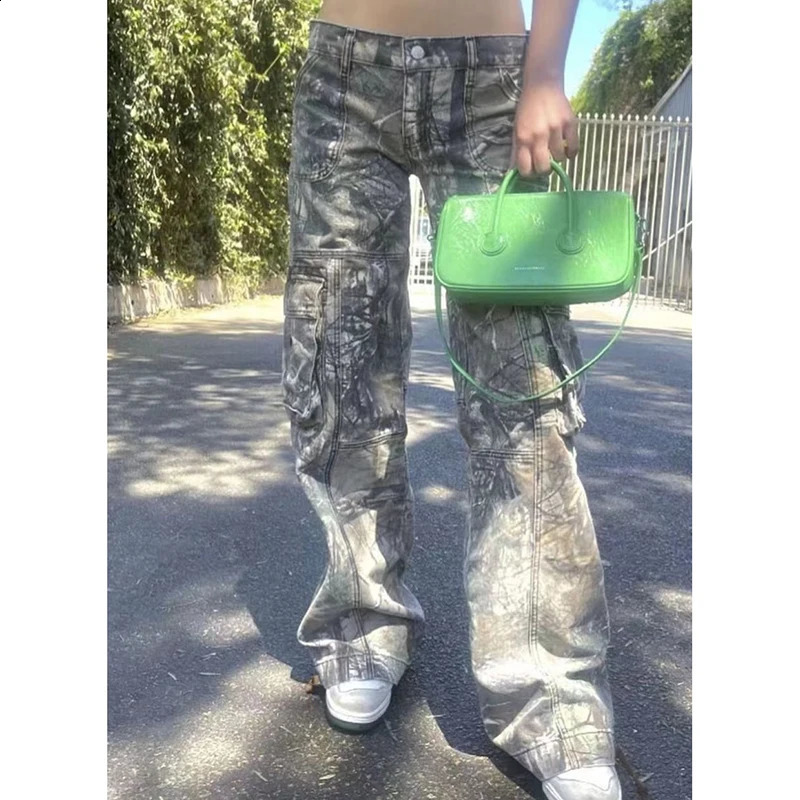 FOTVOTEE Product Pants Womens Casual Loose Unique Pattern Street Clothing Retro Jeans Fashion Wide Leg High Waist 240810wtt