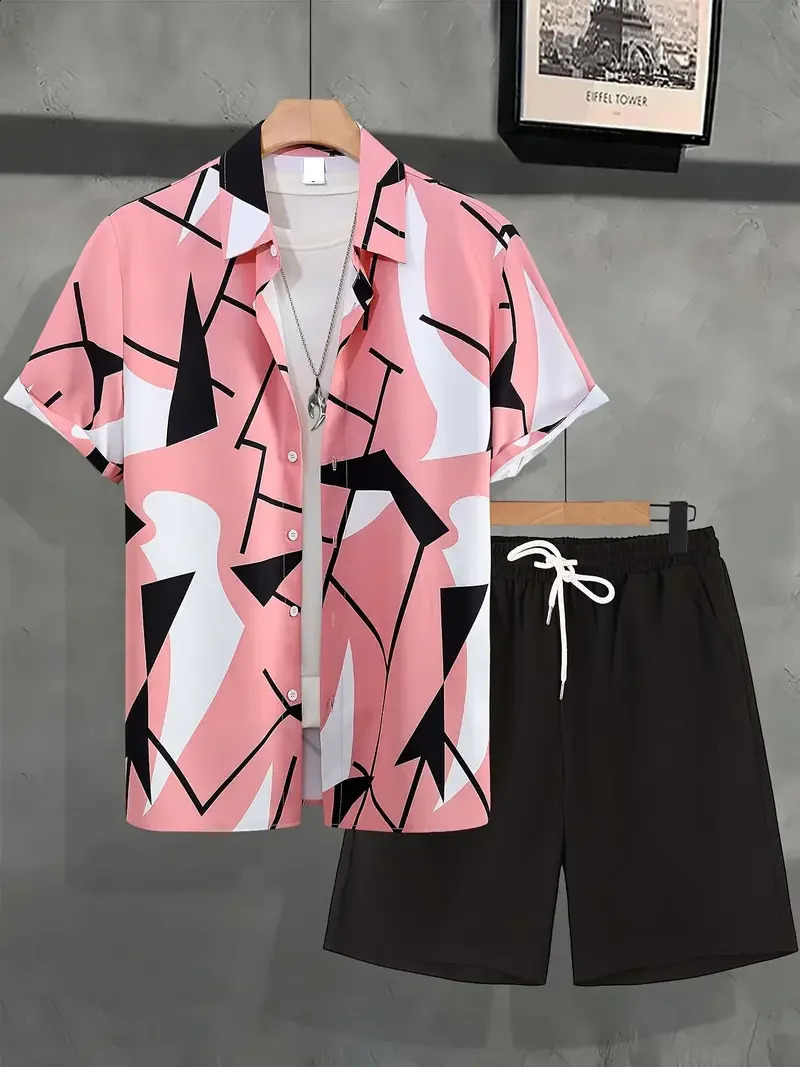 Mens Stylish Hawaiian Shirt Set Simple Allinone 3D Printed Buttondown And Beach Shorts Street Wear Oversize 240810