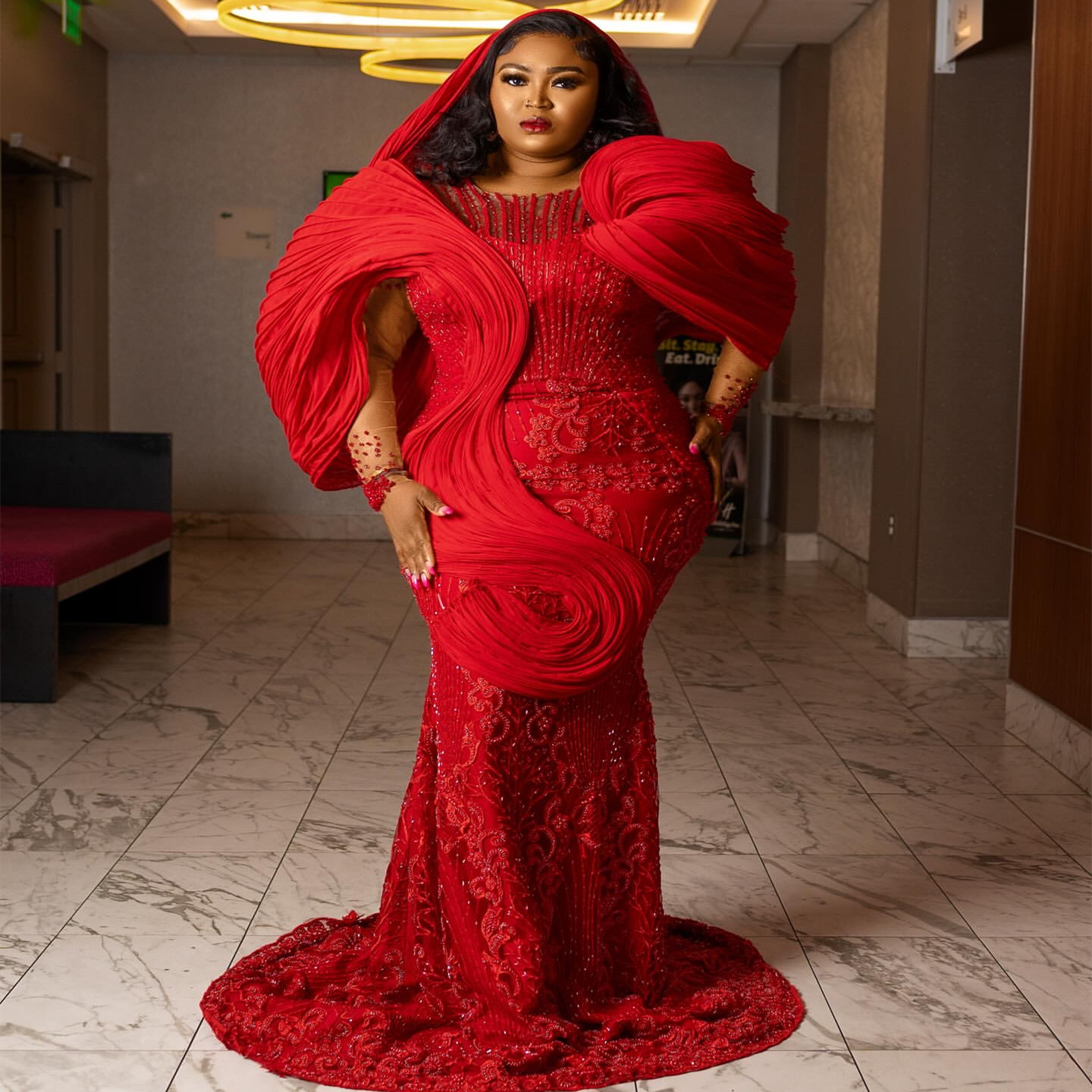 2024 Plus Size Red Mermaid Prom Dress Lacefull Promdress Stylish Vintage Evening Formal Party Second Reception Birthday Engagement Gowns Dresses ZJ74