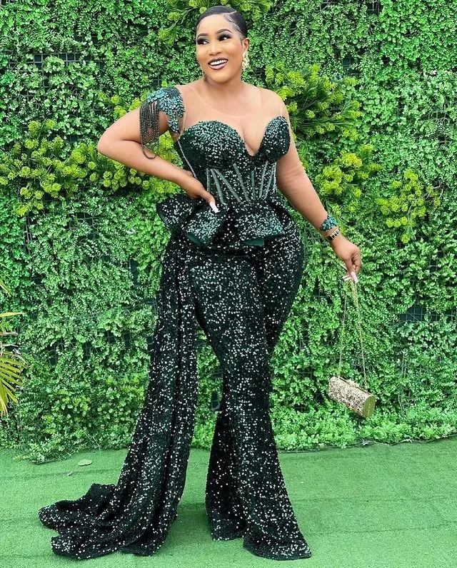 Green Aso Ebi One-shoulder Sequins Beaded Jumpsuit Prom Dresses Formal Party Second Reception Birthday Engagement Evening Gowns Dresses Robe De Soiree
