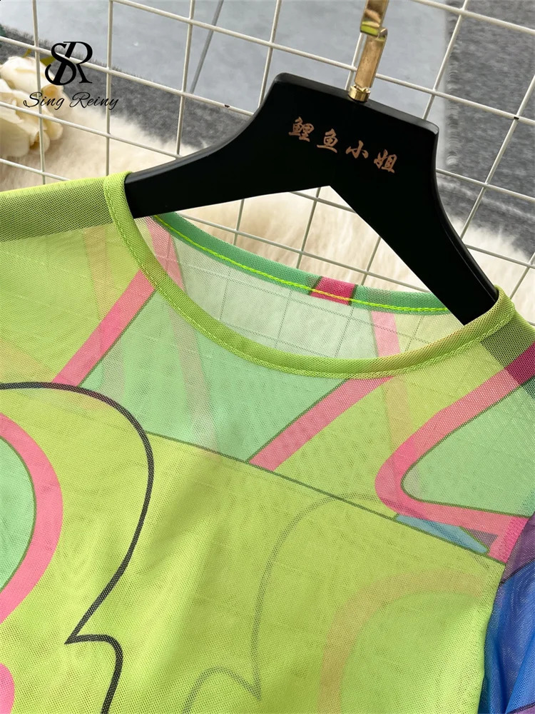 SINGREENY Womens Painting Mesh Set Long Sleeve TopHigh Waist Tight Clothing Fashion Street Retro Two Piece 240810