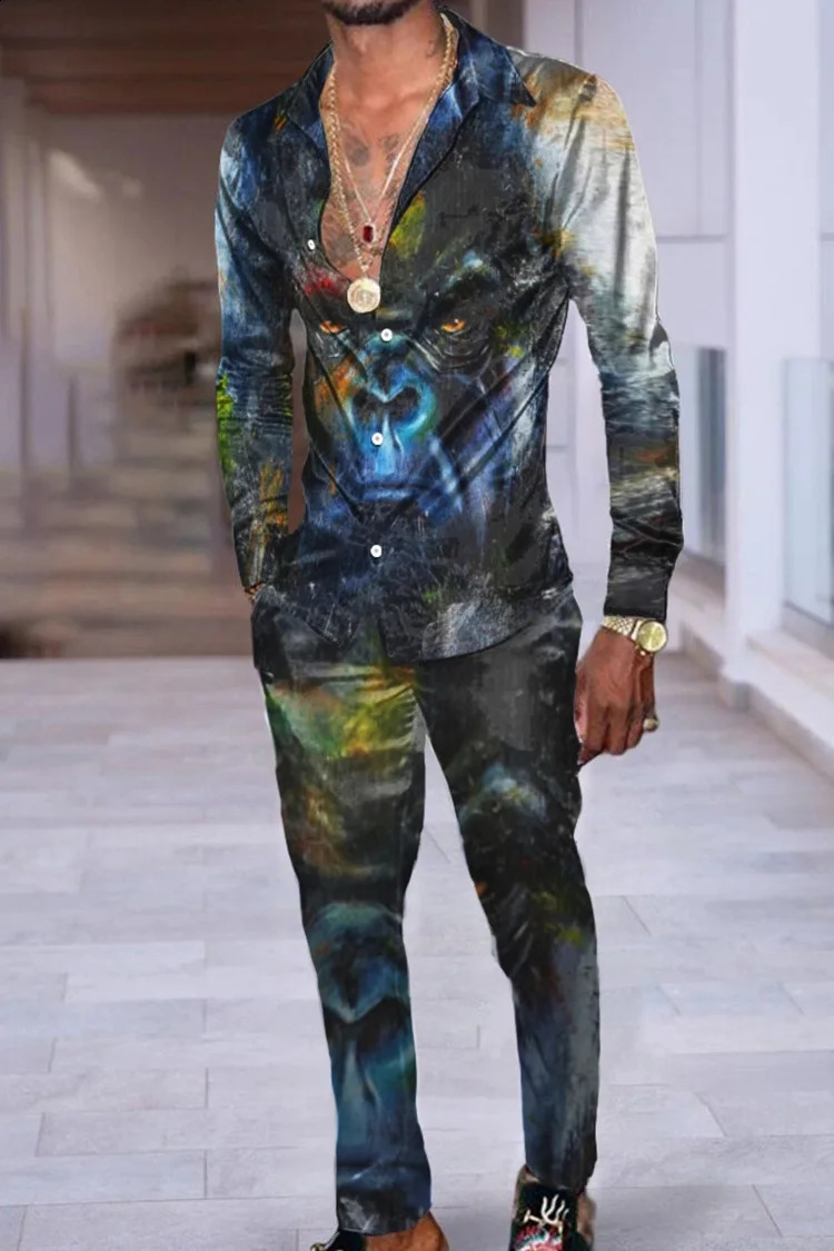 Hawaii Shirt Suit Men 3D Print Plants Flowers Fashion Casuan Breathable Mens Lapel Long Sleeve Shirt Long Pants Two Piece Set 240810