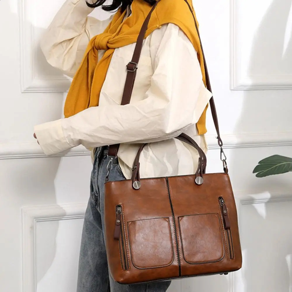 Ladies Vintage Leather Shoulder Bag Large Purses Work Bags with MultiPocket Tote Crossbody Handbags for Women 240810Z