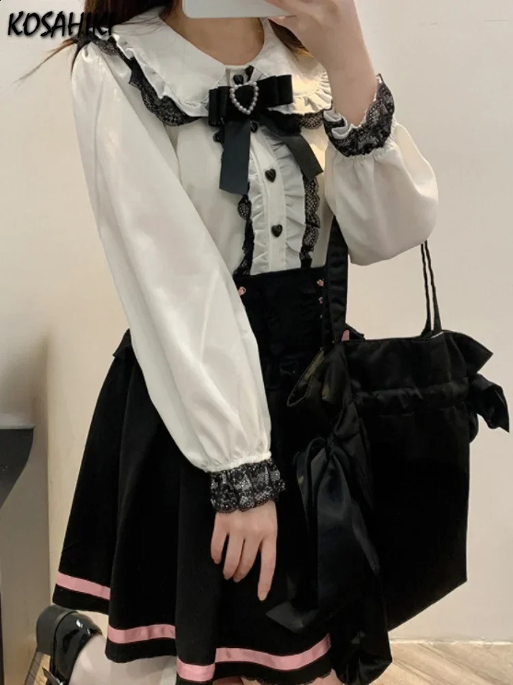 Sweet Lolita Blouses Womens SpringSummer Japanese Fashion Harajuku Lace Bow Long Sleeve Shirt for Girls Kawaii Top Blusas Camisas 240810