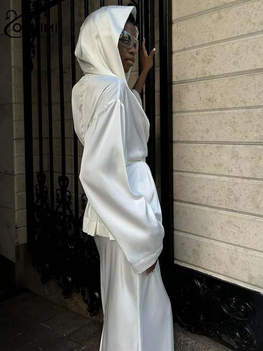 Oymimi Fashion White Satin 2piece Womens Elegant Hooded Collar Long Sleeve Lace TopUltra Thin Straight Skirt Set 240810