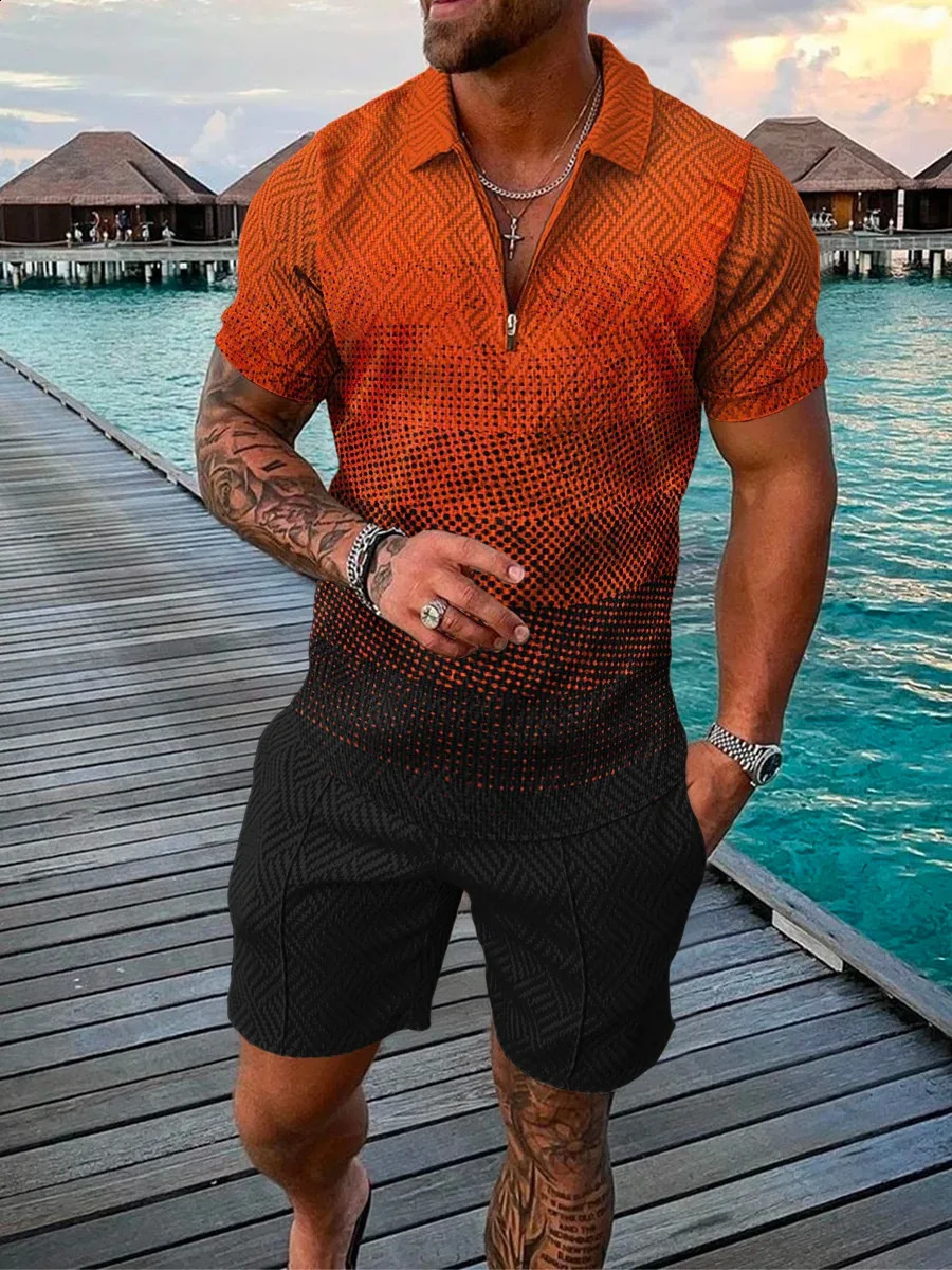 2024 Mens Shorts Set Sleeve Zip Polo Shirt Street T-shirt Two Piece Casual Sportswear Ropa Hombre 240813