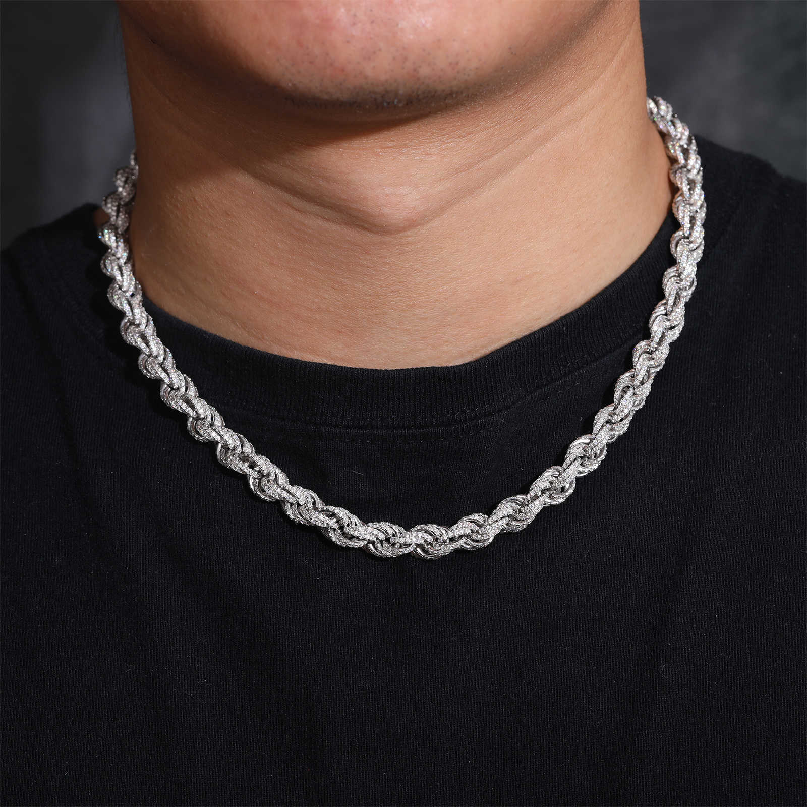 8mm Fully Iced Out Rope Necklace Spring Clasp Link Chain Bracelet Sterling Sier and VVS Moissanite