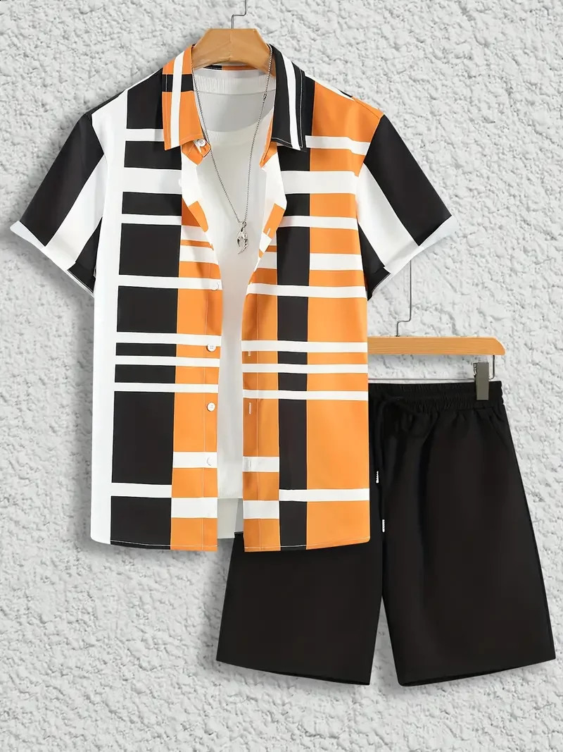 Mens Stylish Hawaiian Shirt Set Simple Allinone 3D Printed Buttondown And Beach Shorts Street Wear Oversize 240810