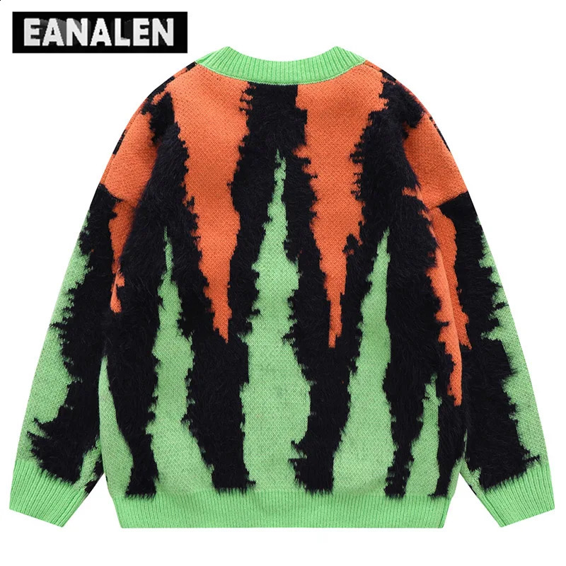 Harajuku Retro Green Orange Knitted Sweater Mens Street Oversized Crossover Pulling Thick Sweater Grandpa Ugly Sweater Womens240810
