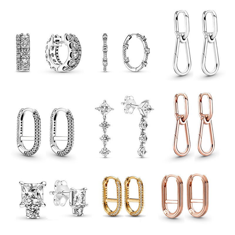 Sparkling Cubic Zirconia 925 Sterling Silver ME Round Square Drop Pave Bars Hoop Earrings For Women Piercing Free Shipping