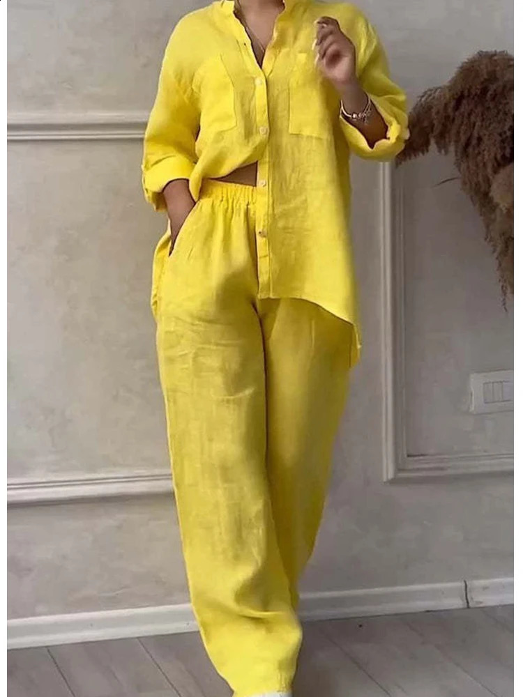 Women Casual Two Piece Sets Solid Longsleeve Female Shirt Wideleg Trousers Loose Drawstring Pants Pockets Ladies Clothing y240815