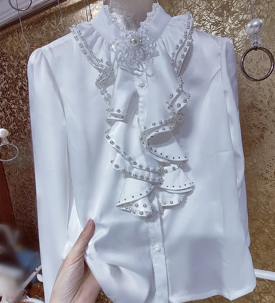 Camisas De Mujer Womens Beaded Ruffle Shirt and Spring Long Sleeve Single Chest White Top Blue 240810 - view 3