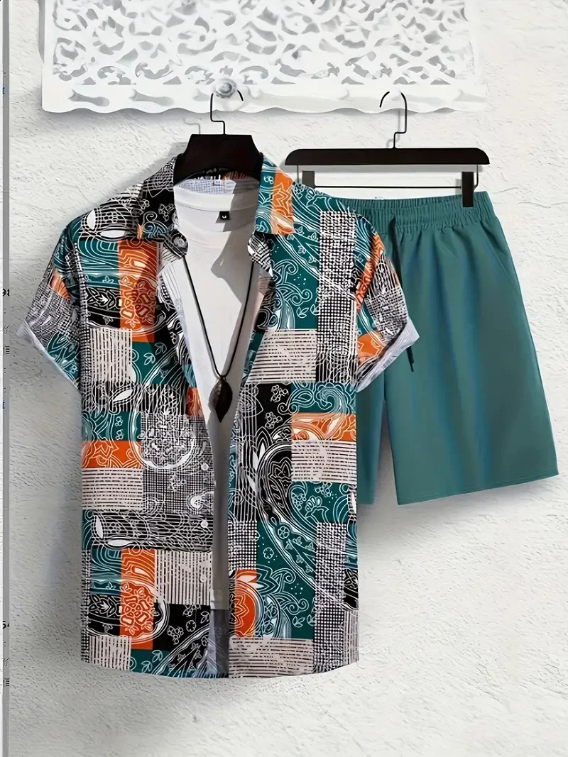 Shirt Set Mens Summer Patchwork Color Block Paisley Pattern 3D Printed And Shorts Retro Ethnic Style Hawaiian 240810
