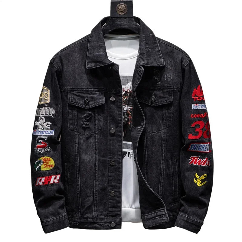 Trendy Embroidered Casual Jacket with Holes Mens Loose Denim Clothing Youth Spring and Autumn Long Sleeved 240810