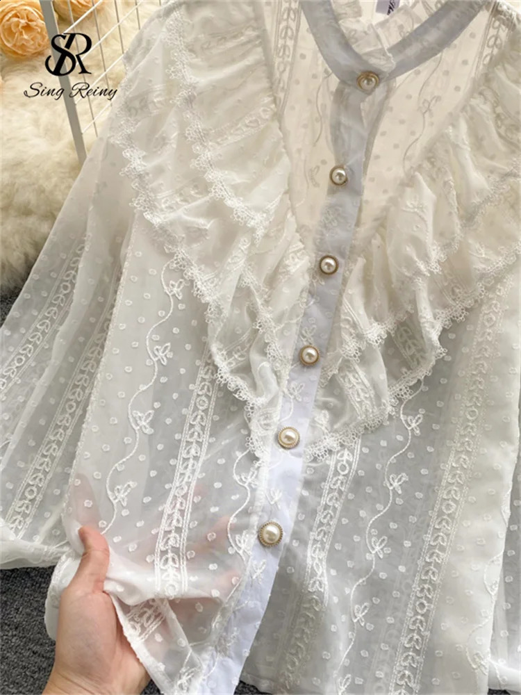 Singreiny elegant French shirt womens temperature sweet pleated loose casual top spring long sleeved streetwear white 250318