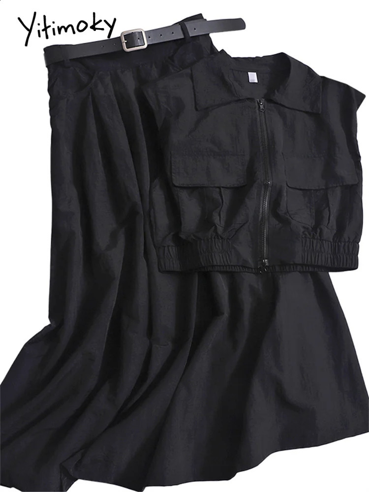 Yitimoky twopiece womens retro sleeveless zipper top casual high waisted belt Midi skiing set 240810