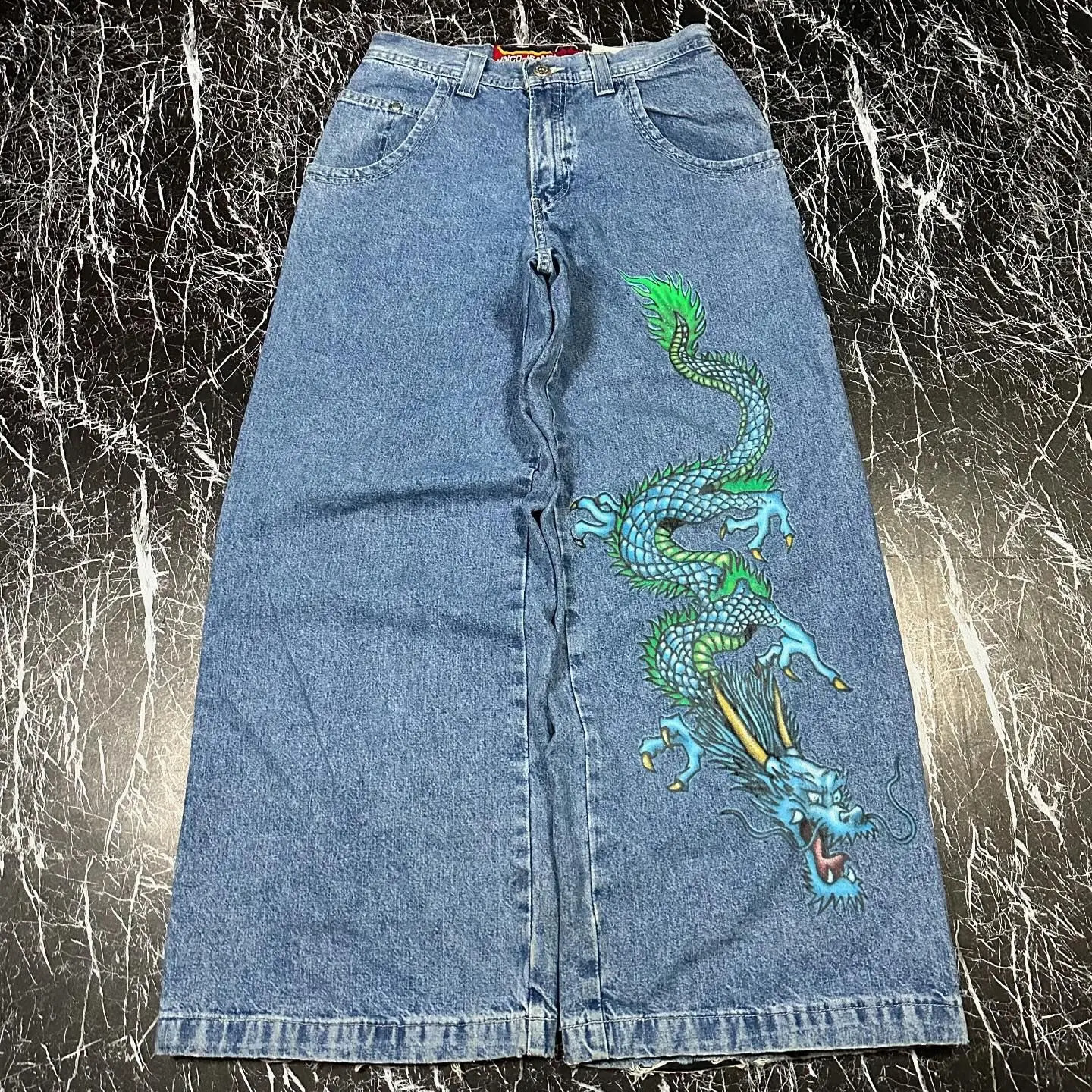 Retro Hip-Hop Dragon JNCO Light Blue Loose Jeans Womens Y2K Harajuku Gothic High Waist Wide Pants for Street Wear in 1990s 240809