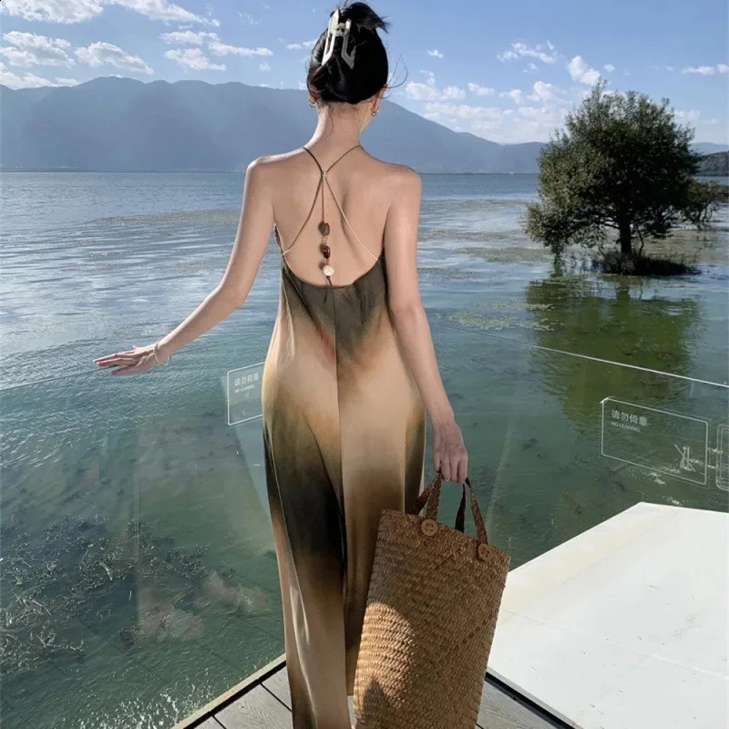 TRAF Tie dye Halter Long Dress Women Off Shoulder Sleeveless Backless Dress Summer Vintage Dresses Woman Party Dresses 240810