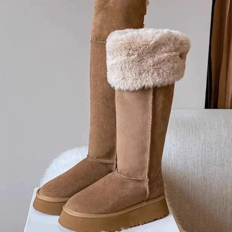 Winter Womens Keep Warm Short Plush Flat Suede Snow Platform Knee High Boots for Women Outdoor Casual Cotton Shoes 240806 da3d