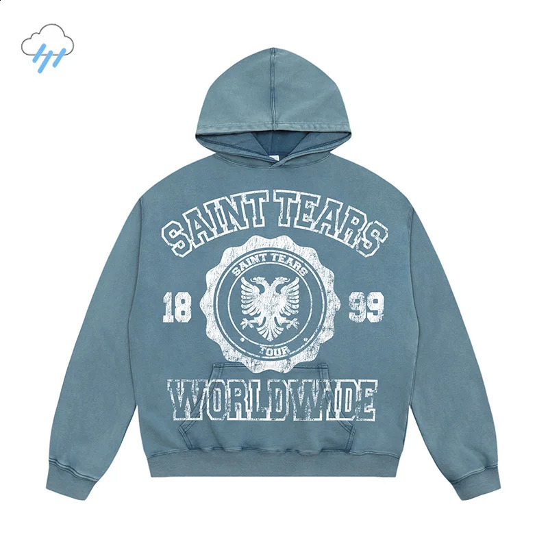 24FW High Quality 100% Cotton Graphics Print Saint Tears Hoodie Hooded Men Women Streetwear Vintage Washed Gray Blue Pullovers 240809
