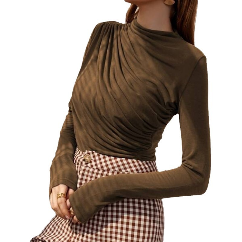 Autumn and Winter Small High Neck Design Pleated Versatile Long Sleeved T-shirt Top