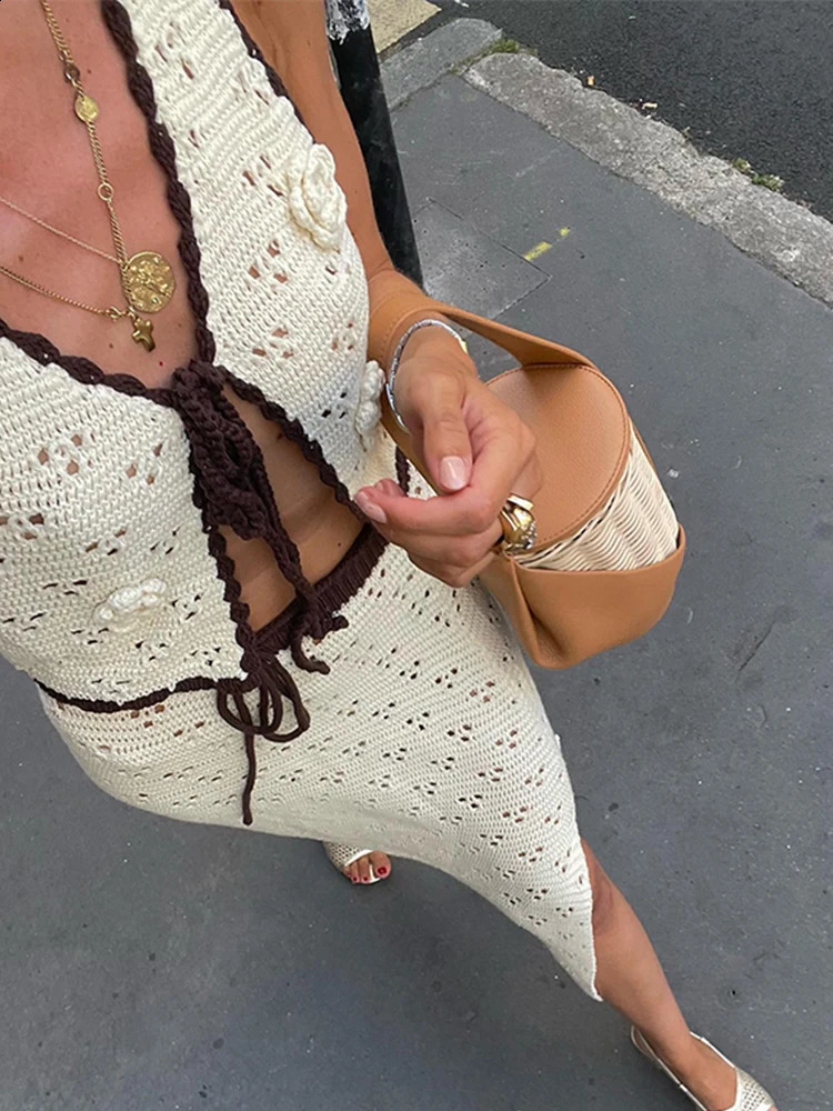 Knitted lace cardigan skiing set hollow Vneck sleeveless brushed mild knit top long twopiece 240810