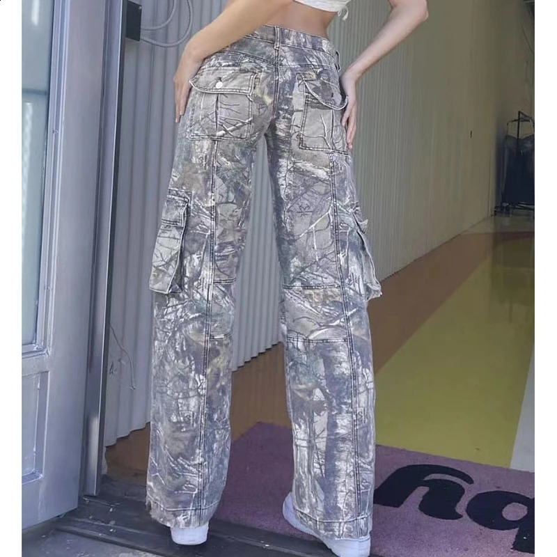 FOTVOTEE Product Pants Womens Casual Loose Unique Pattern Street Clothing Retro Jeans Fashion Wide Leg High Waist 240810wtt