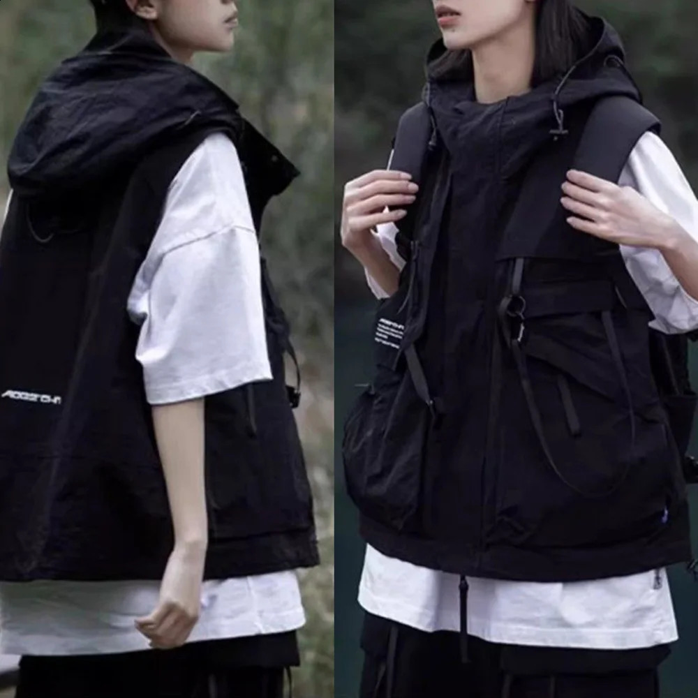 Mens Y2k Hooded Vest Summer Thin American Tactical Functional Couple Vest Waistcoat Jacket Casual Solid Color Workwear Vest 240810