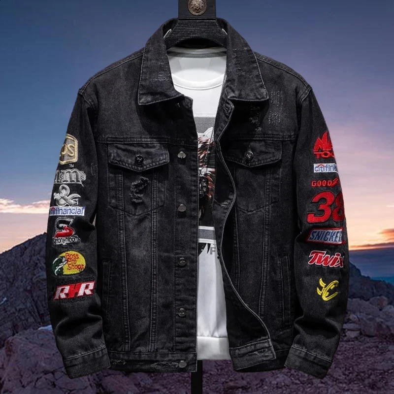 Trendy Embroidered Casual Jacket with Holes Mens Loose Denim Clothing Youth Spring and Autumn Long Sleeved 240810