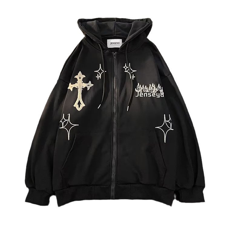 Loose casual hooded zipper hoodie men's embroidered cross fiery jacket for spring and autumn couples versatile trendy top
