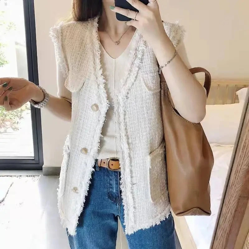 Spring Autumn Coarse Tweed Fashion Womens Sleeveless Vest Coat Versatile Comfortable Loose Female Tank Top Jacket 240810