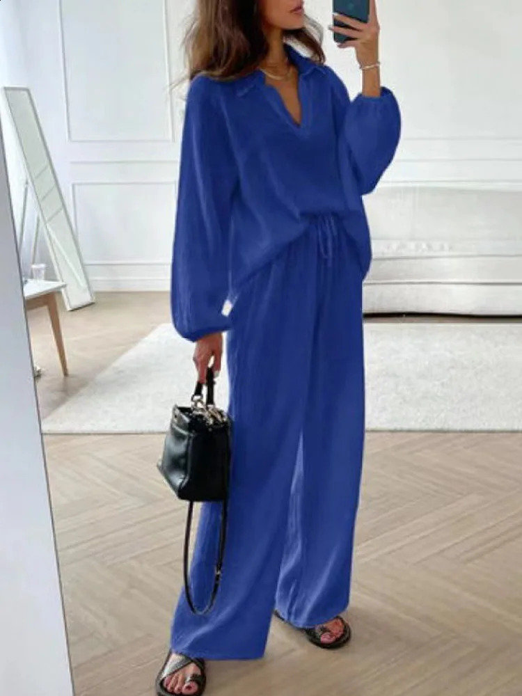 2024 Womens Autumn 2 Piece Outfits Vneck Long Sleeve Shirt Loose Wide Leg Pants Linen Lounge Sets with Pockets 240810