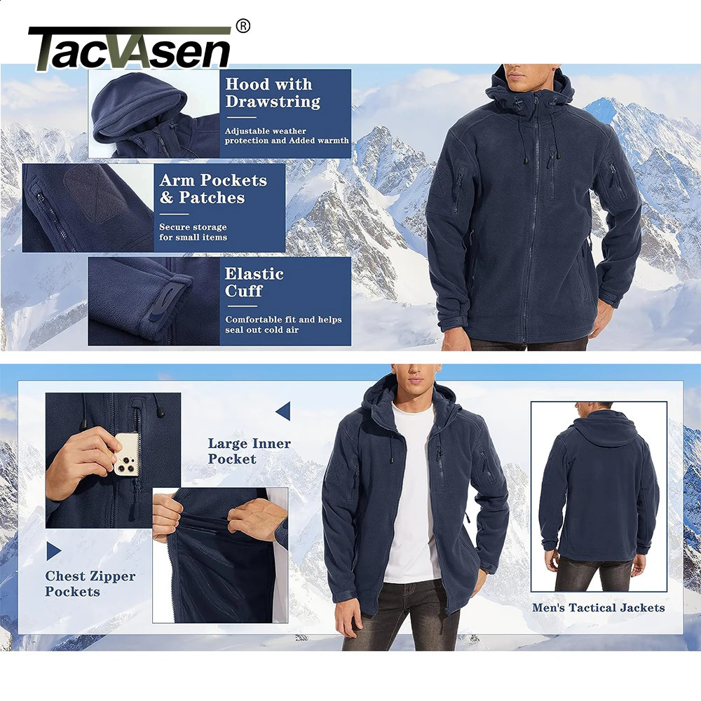 TACVASEN Spring Winter Fleece Jacket With Hoodie Mens Hooded Fleece Jacket Full-Zip Up Outdoor Windproof Hooded Warm Work Coat 240809