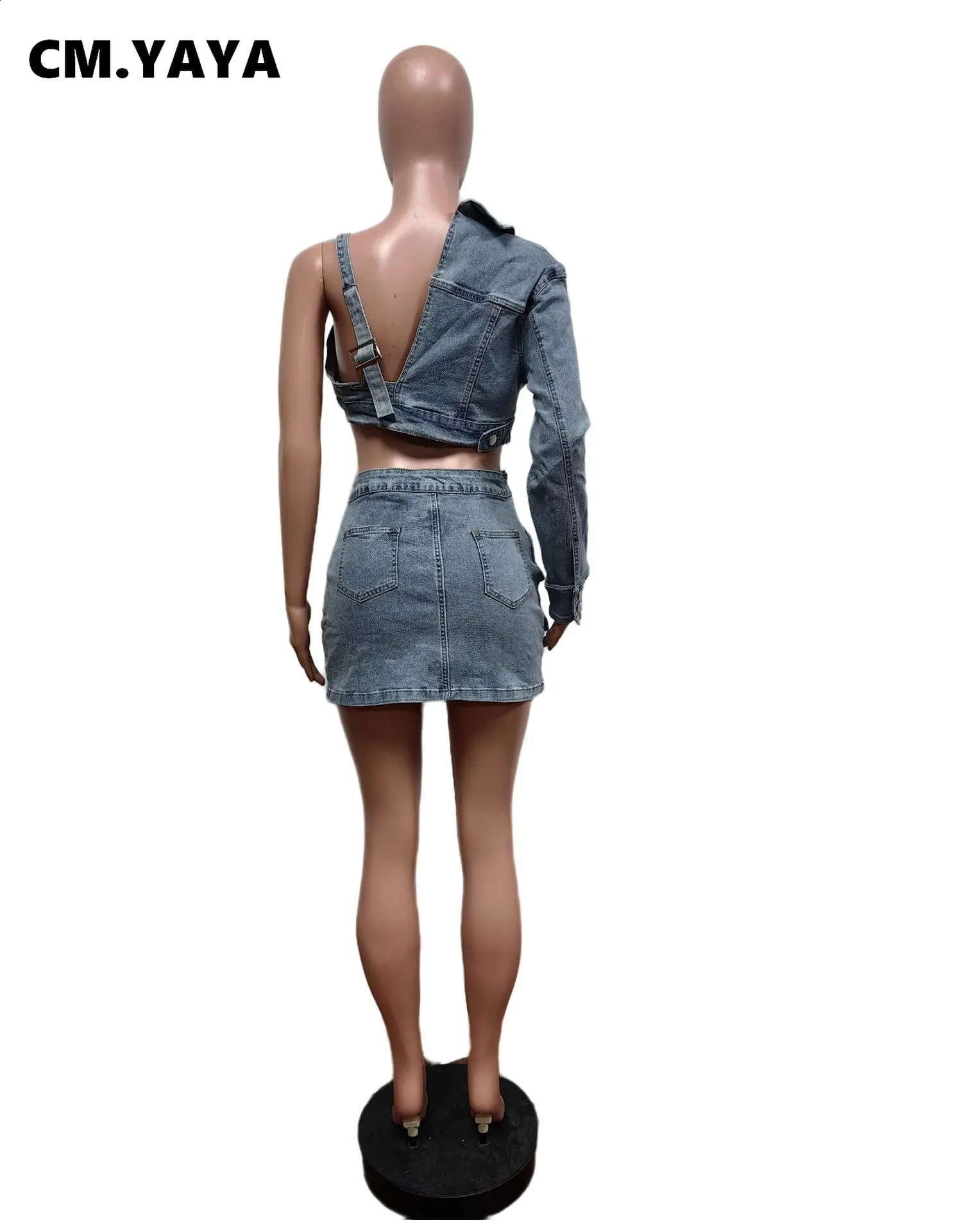 CM YAYA Fashion Denim Womens Long Sleeve Crop Jacket and Side Split Jeans Midi Skirt Chic Two 2piece Set 240810