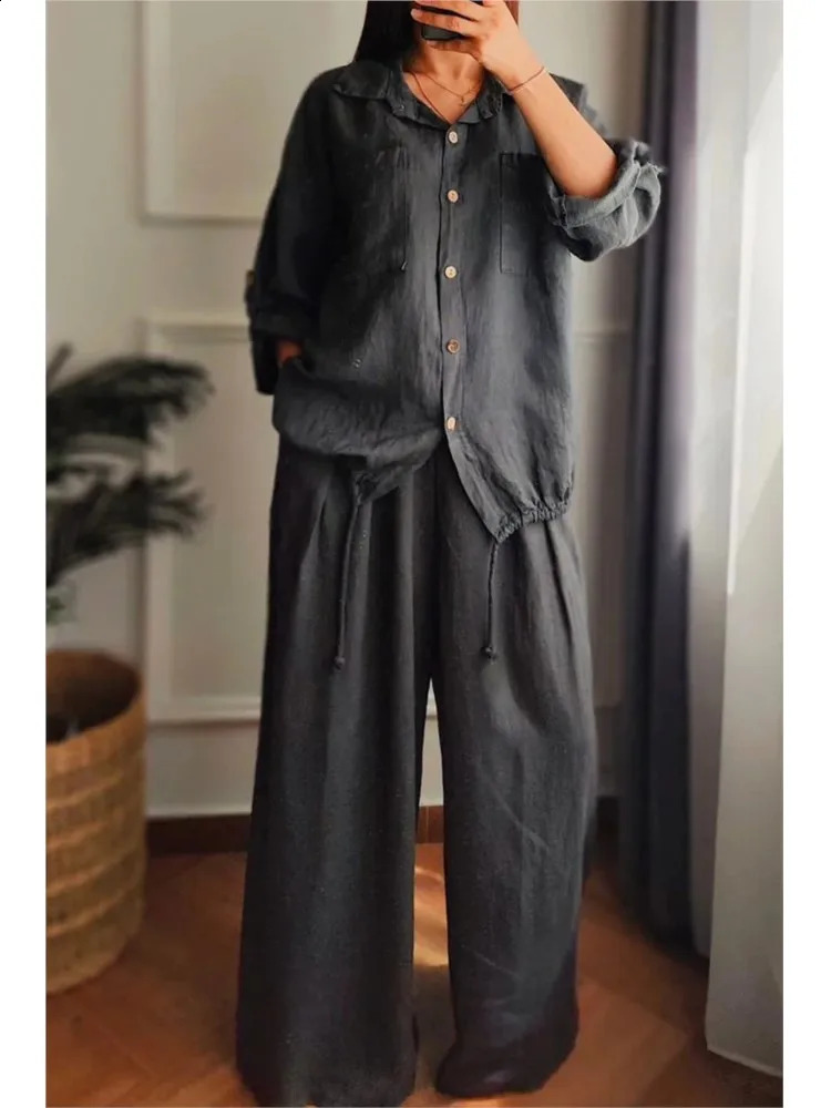 Autumn fashion cotton and linen rope twopiece set for women collar long sleeved brushed shirt wide leg pants casual