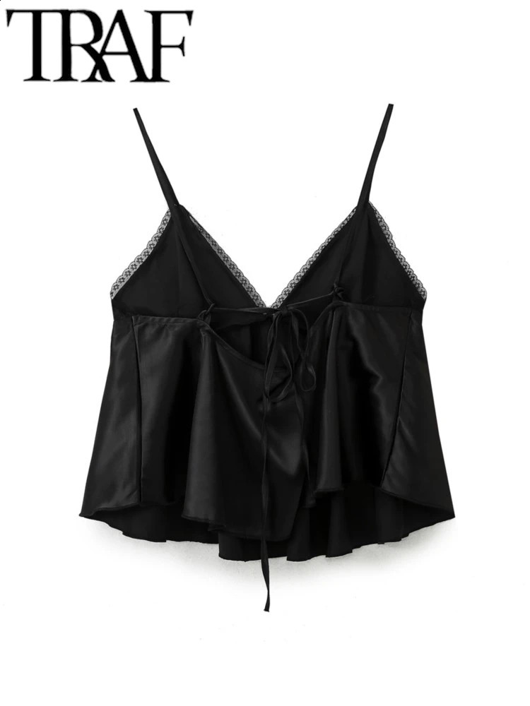 TRAF Ultra Thin Lace Patchwork Women Satin Camis Summer V Neck Sleeveless Backless A-Line Female Crop Top Y2K 240810