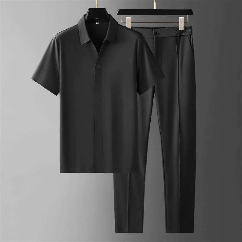 Summer Solid Color Silk Short Sleeve Shirt Set for Mens Casual Relaxing Comfortable Breathable Two Piece 240810