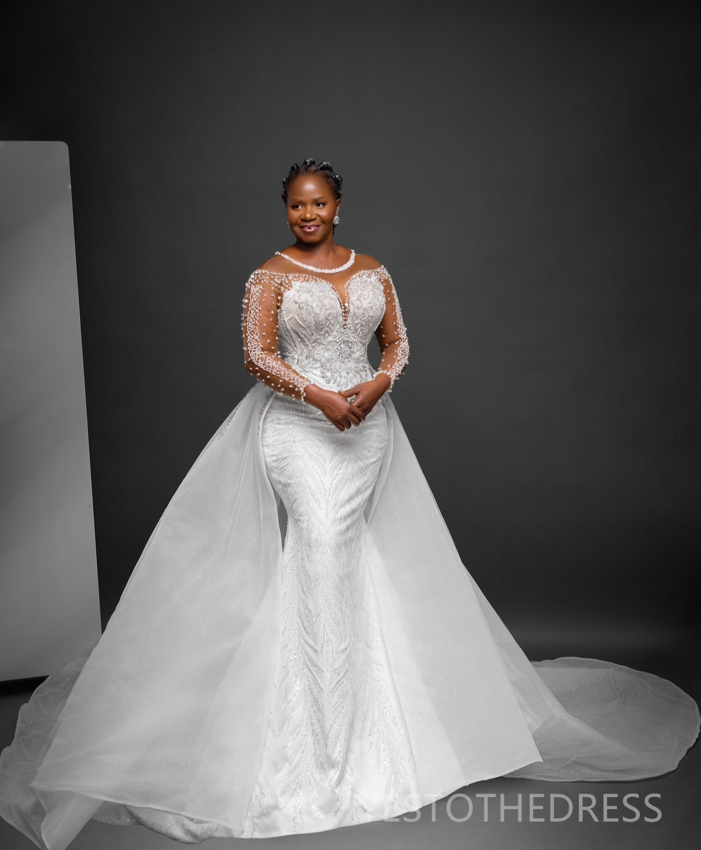 Gorgeous Aso Ebi Wedding Dress for Bride Illusion Trumpet Bridal Dresses Mermaid Long Sleeves Lace Beaded Marriage Gowns with Detachable Train for Bla
