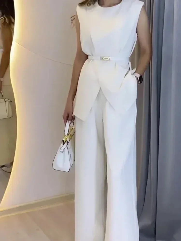 Fashionable womens solid round neck twopiece sleeveless high waist wide leg pants ultrathin elegant set 240810