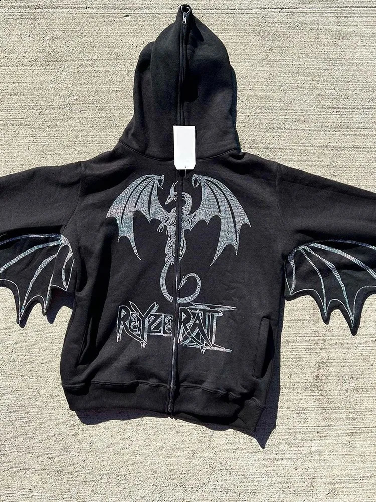 Mens Y2K Style Clothes Fashion Retro Street Zip Hoodie Fire Dragon Rhinestone Pattern Unisex Sports Fancy Shoulder Sleeve Top 240810