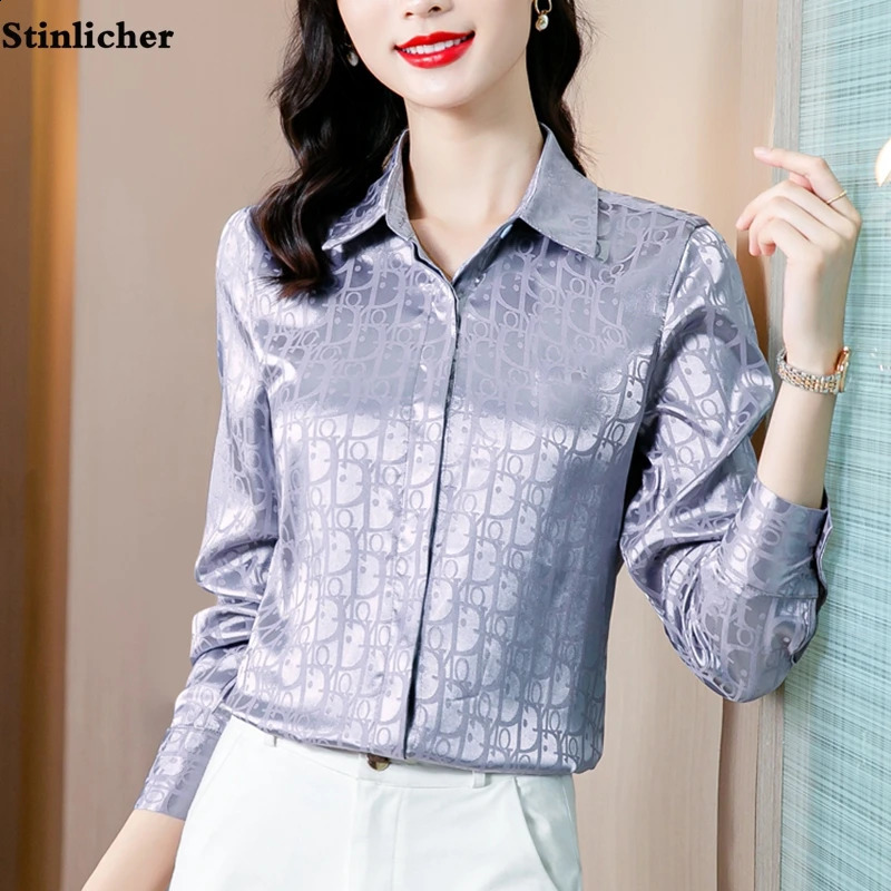 Fashion striped plain weave jacquard satin silk shirt womens office women OL work long sleeved spring and autumn top w240824