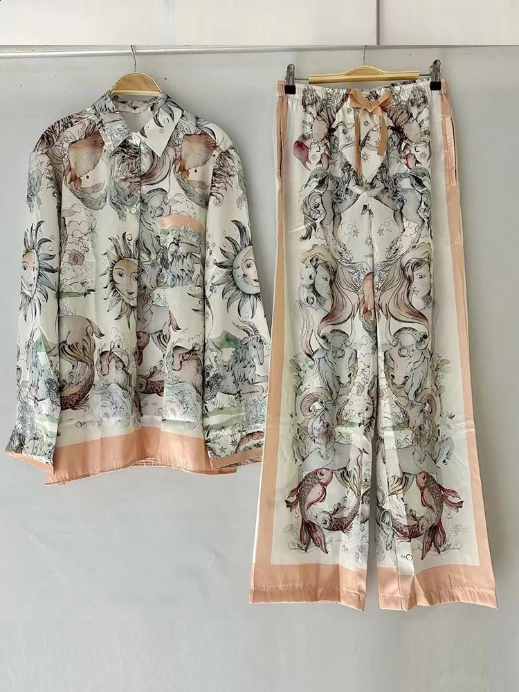 Retro geometric print loose long sleeved shirt two-piece set 2024 autumn womens elastic waist wide leg pants fashion set240810