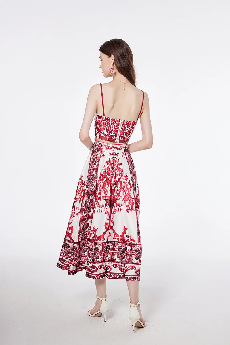 Womens retro printed short sleeved top and long skirt two-piece set240810