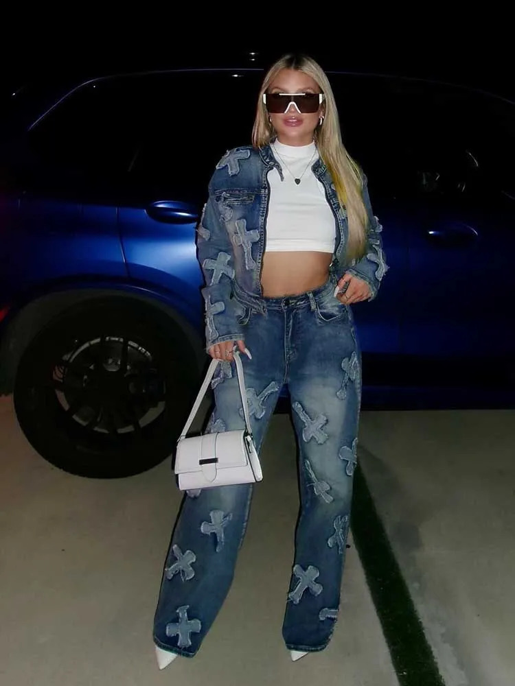 Elegant womens pants set winter long sleeved jacket and straight Trouser casual 2piece denim dress 240810
