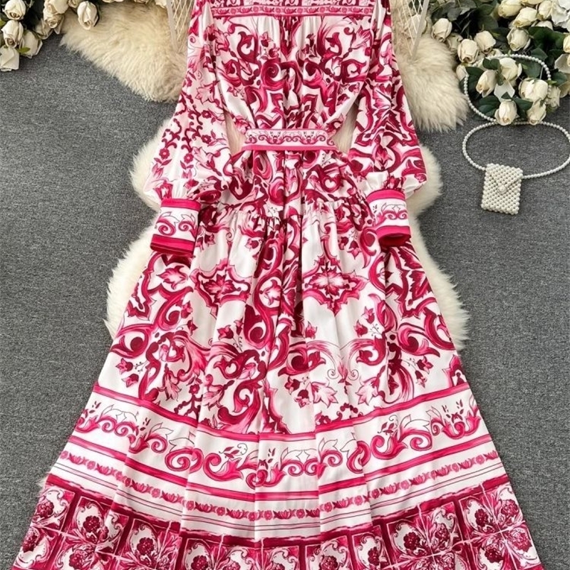 Runway red blue white porcelain printed holiday long skirt for women standing single chest loose lace top with pants vest240810